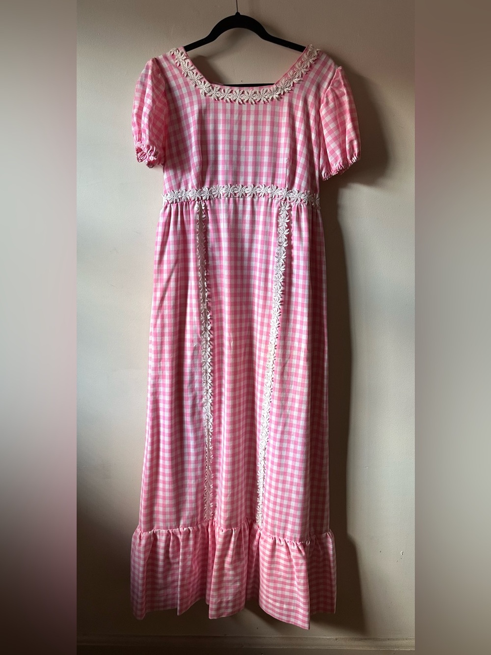 Handmade Pink Gingham Maxi Dress Daisy Chain Accent Unique Feminine Prairie